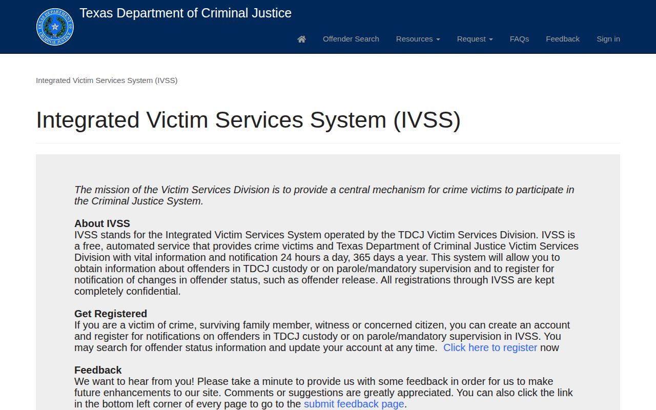 TDCJ IVSS portal for Borden County state prison release alerts