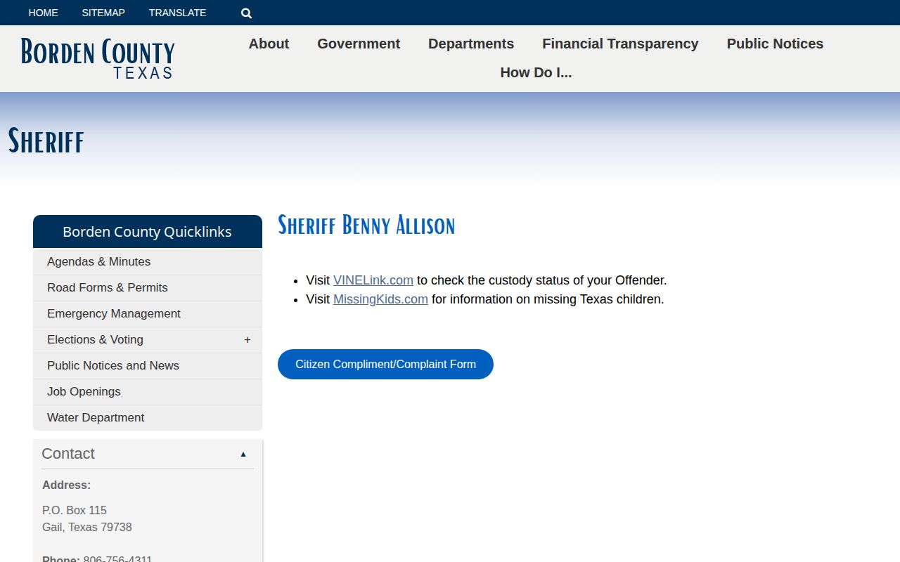 Borden County Sheriff page without a released inmate roster